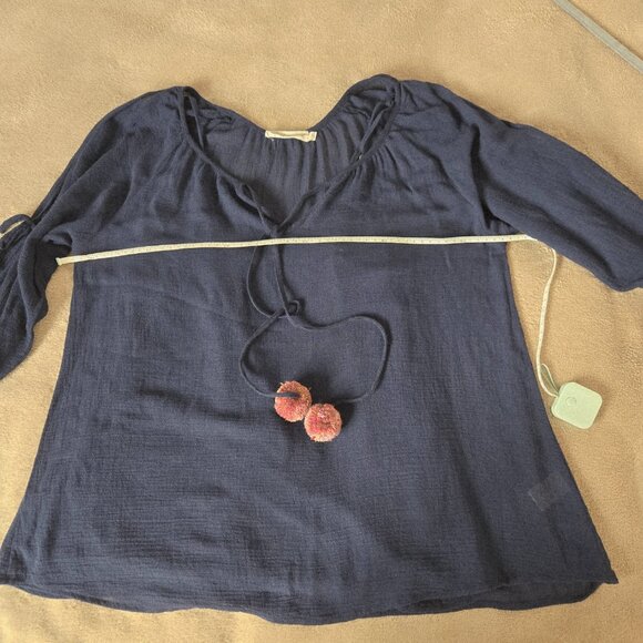 Johnny Was Calme Navy Blue Cold-Shoulder Boho Peasant Blouse with Pom-Pom Tie S - Picture 6 of 9